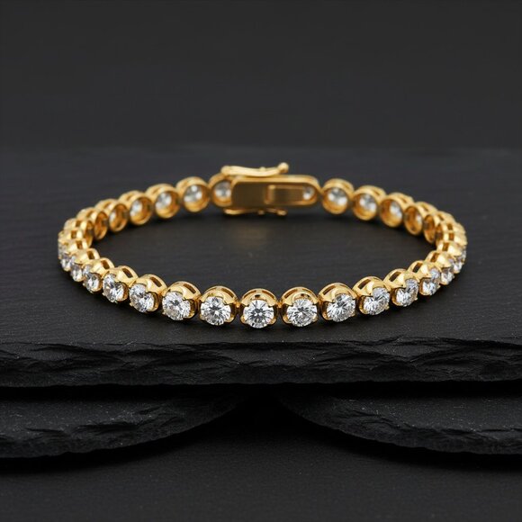 Round Bezel Set Natural Diamond Straight 14K (18K request) Gold Tennis Bracelet - Picture 6 of 8
